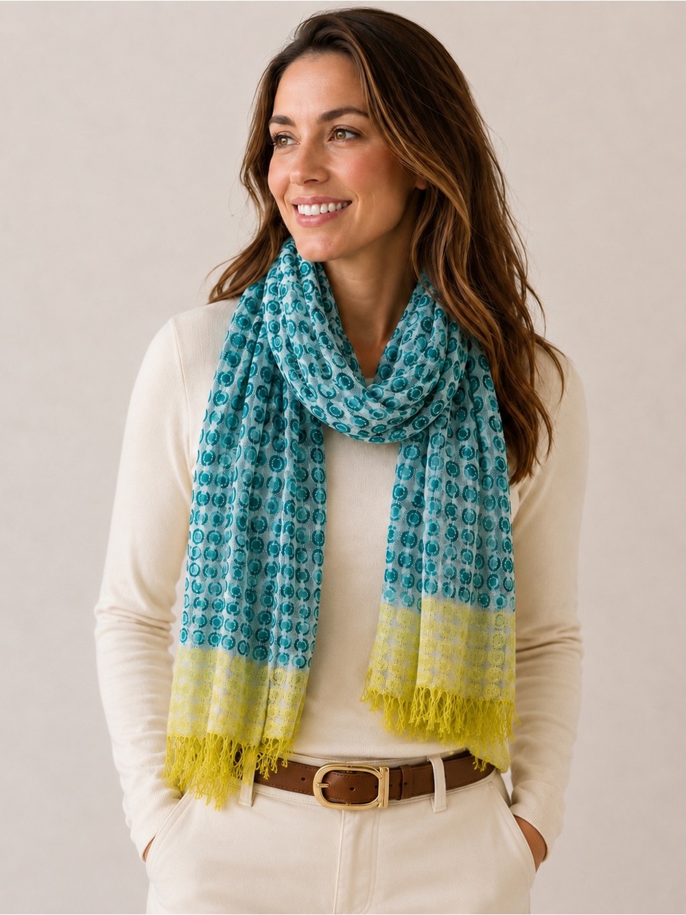 Women’s Linen Scarf Teal Aqua Yellow Geometric Pattern Boden Fringe